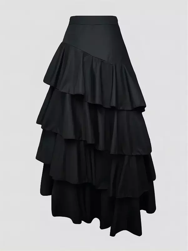 Rok maksi Ruffle berlapis pinggang tinggi wanita, rok kue Maxi pesta pernikahan elegan Y2K Solid Vintage hitam Solid garis A