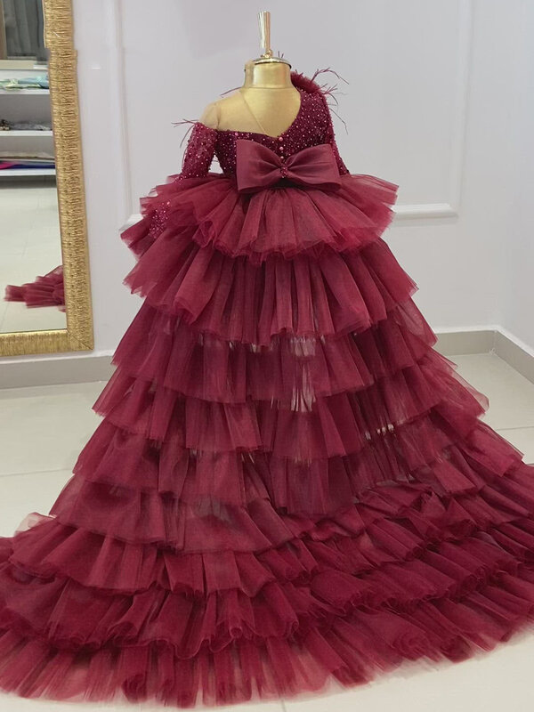 Różowe sukienki dla dziewczynek na wesele przyjęcie urodzinowe księżniczka z piór tiulowa sukienka na konkurs piękności formalne suknie na bal maturalny z długim trenem