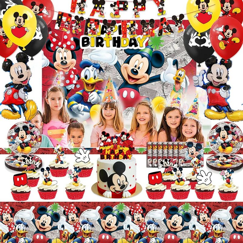 ディズニー-ミッキーとミニーの誕生日パーティーの装飾,風船,使い捨ての食器,背景,ベビーシャワー,子供用パーティー用品