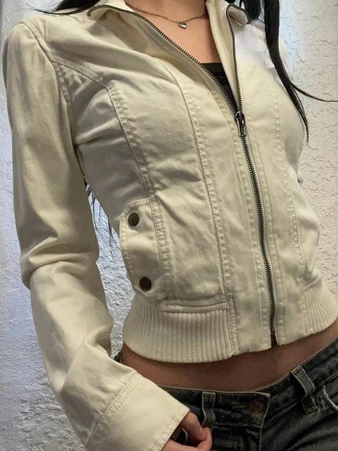 Vintage Cropped Jackets for Women Harajuku Casual Slim Fit Zipper Coat Y2K Streetwear Long Sleeve Outerwear Autumn