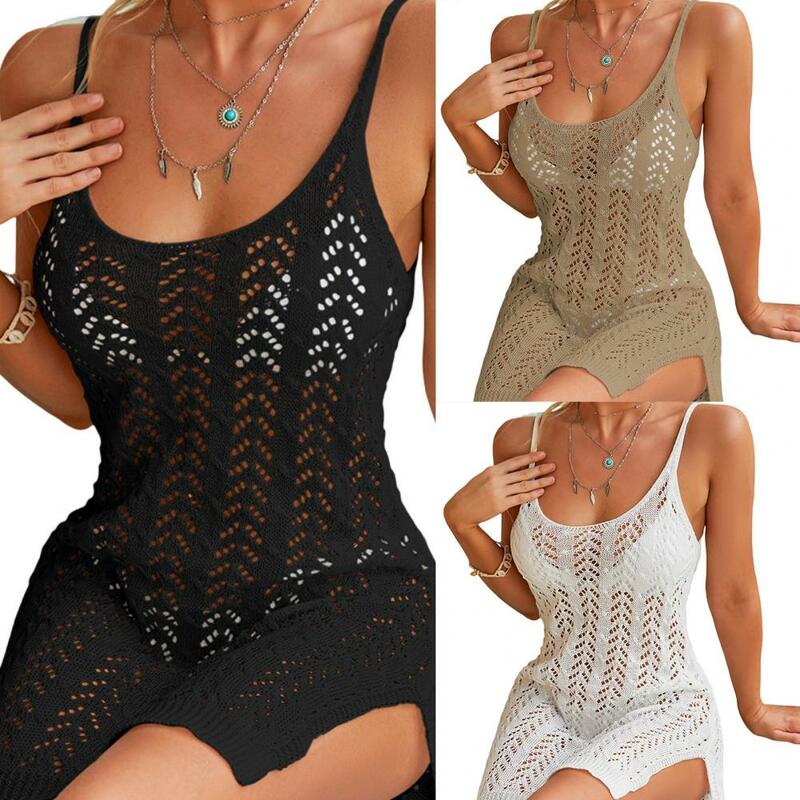 Women Beach Dress Low-cut Hollow Out See-through Thin Side Split Sunscreen Sleeveless Knitted U Neck Swimsuit Cover Up Water Spo