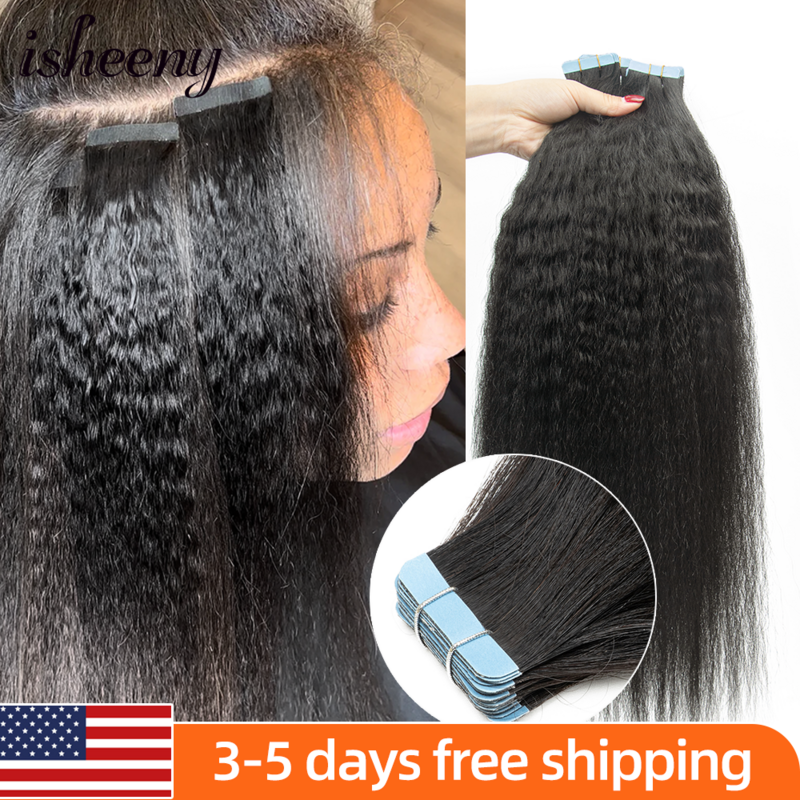 Isheeny-extensões de cabelo humano para mulheres negras, perversos e retos, fita adesiva, sem costura, pele invisível do plutônio, trama, natural, 10 "-24"