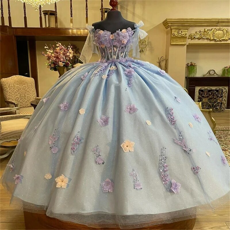 Urocza błyszcząca suknia balowa bez rękawów elegancka aplikacja Quinceanera 2024 klasyczna aplikacja 3D kwiatowa słodka sukienka 16