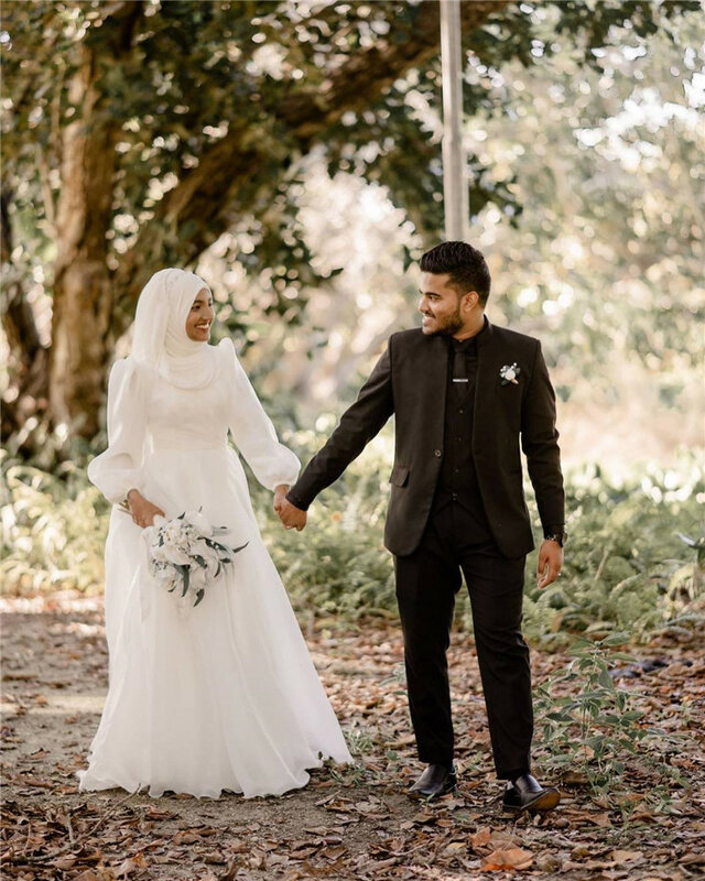 Muzułmański hidżab suknie ślubne Funyue Dubai damskie szyfonowe elegancka ślubna sukienka z rękawami szata z Mariée 2024