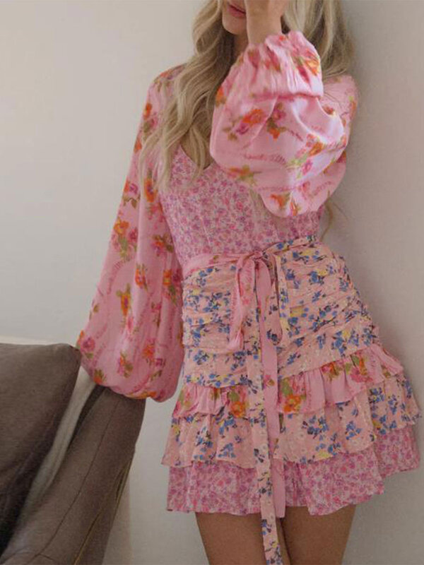 Женское Цветочное платье с длинным рукавом, многослойное платье мини с оборками и V-образным вырезом, Пляжная Коктейльная Клубная уличная одежда