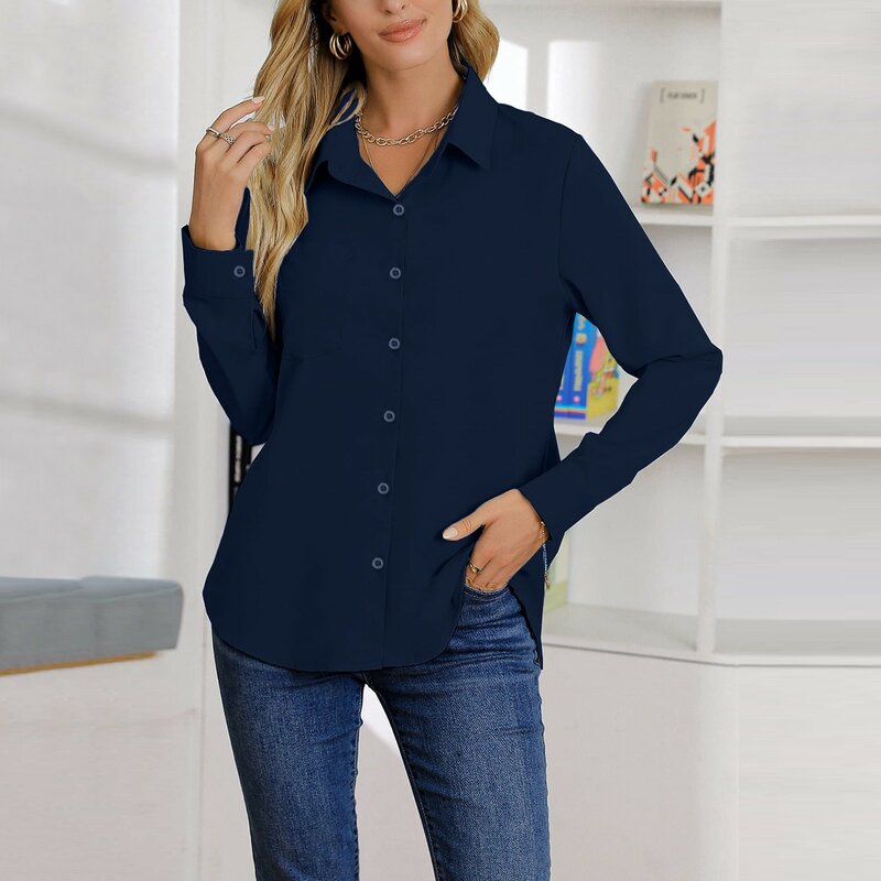 Camisa informal con botones para mujer, Blusa de manga larga con cuello en V, Color puro, para trabajo de oficina, a la moda, con bolsillo