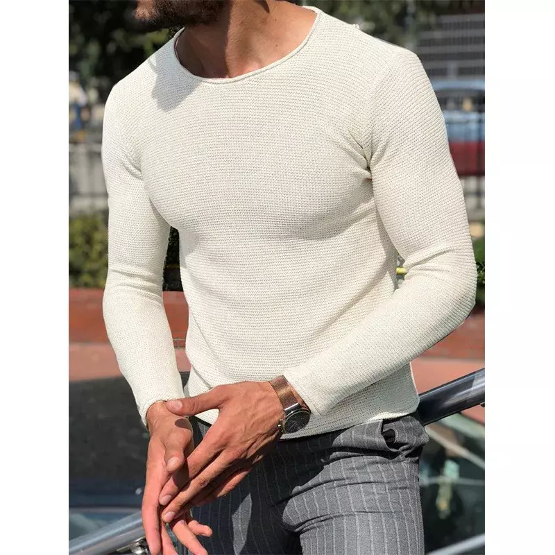 Мужской повседневный Однотонный свитер с круглым вырезом, весенний модный вязаный пуловер, топы для мужчин, новинка 2023, рубашка с длинным рукавом, уличная одежда