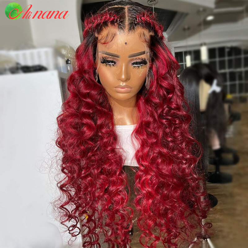 Парики из человеческих волос на сетке 13x4, бразильские свободные вьющиеся волнистые волосы цвета бордового вишни красного цвета, 5x5, парик на сетке для женщин