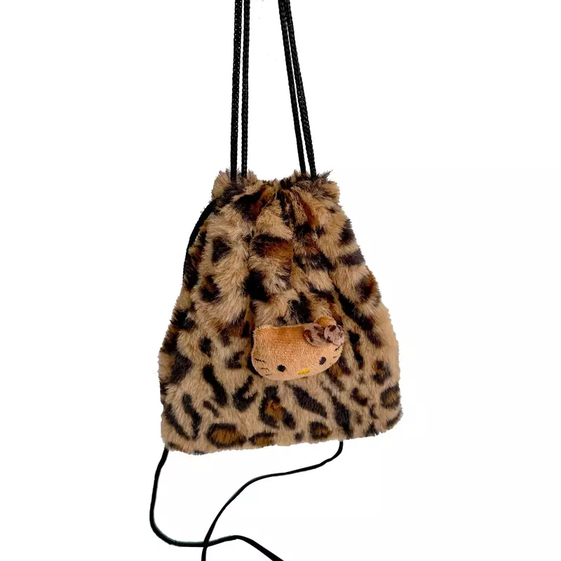 Милая плюшевая сумка Hello Kitty с леопардовым принтом для телефона, сумка на шнурке через плечо, женская сумка через плечо Y2k, сумки для макияжа, подарок для пары