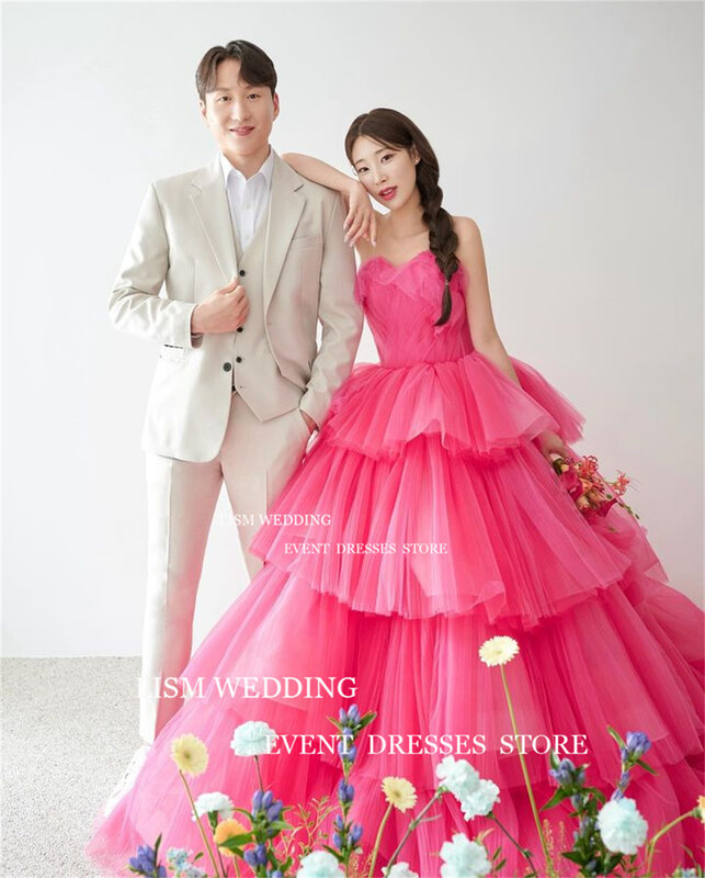 LISM Rose Red A Line Korea Evening Dresses Photo Shoot Ruffles Fairy Tulle Draped Tiered Wedding Prom Formal Occasion Gowns 2024