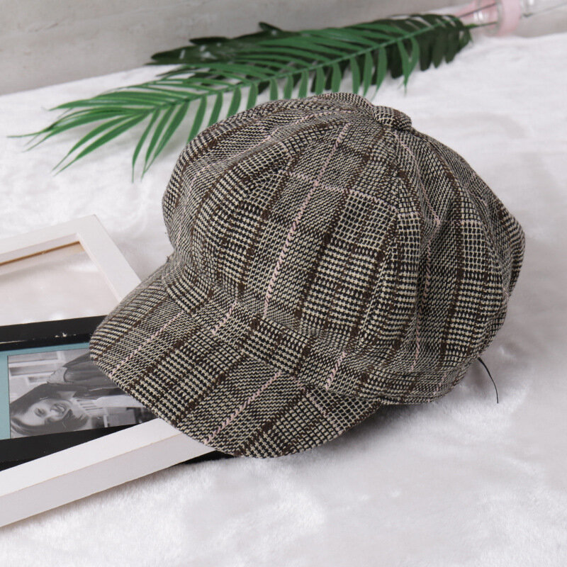 Jesień zima czapki dla kobiet sprawdź pasek stałe ośmiokątne czapki damskie Casual wełniany kapelusz zimowy Beret kobiety czapka HR122307