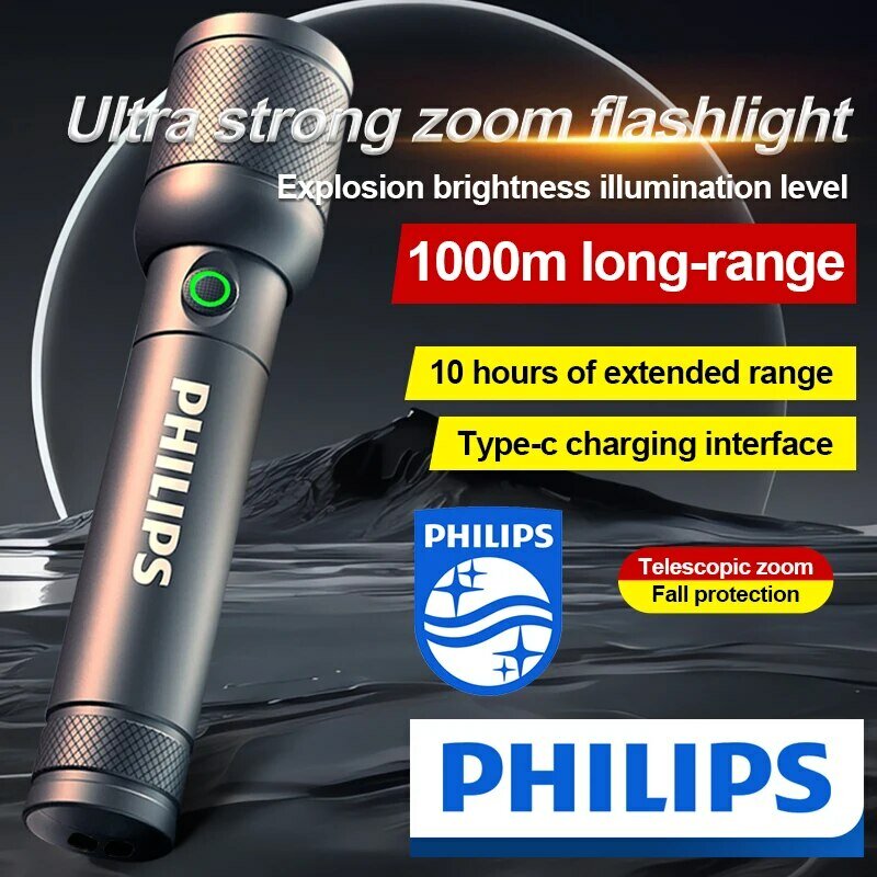 Philips-linterna LED portátil de 8168 lúmenes, potente linterna brillante de 1000m, lámpara de Camping para senderismo al aire libre, autodefensa, 3200