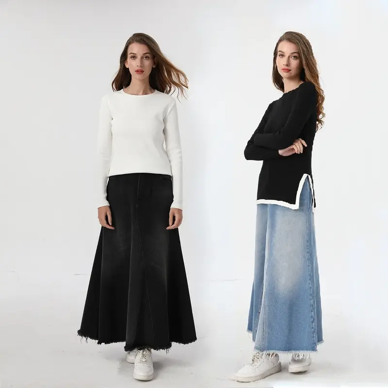 AP Ribbed Tee and Denim Maxi Skirt 2023 Spring Summer Women Contrast Ribbed Shirt Round Neck Long Sleeve Top High Quality, #1102