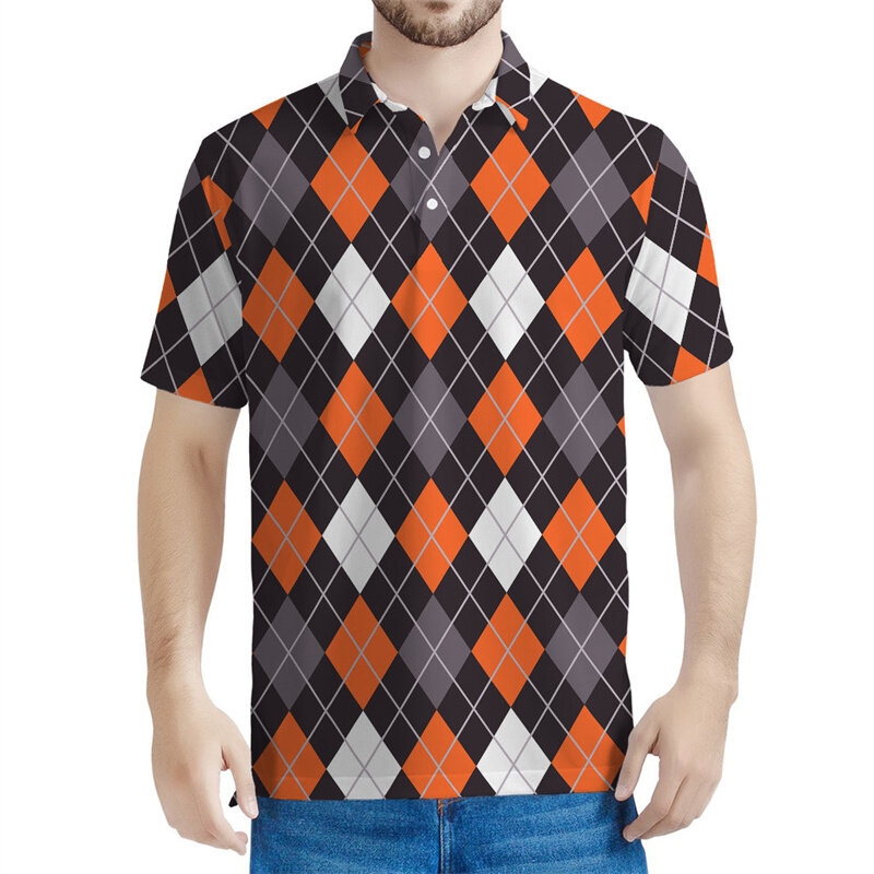 남성용 멀티 컬러 격자 무늬 패턴 폴로 셔츠, 3D 인쇄 기하학 반팔, 여름 스트리트 캐주얼 티셔츠, 탑 라펠 티셔츠