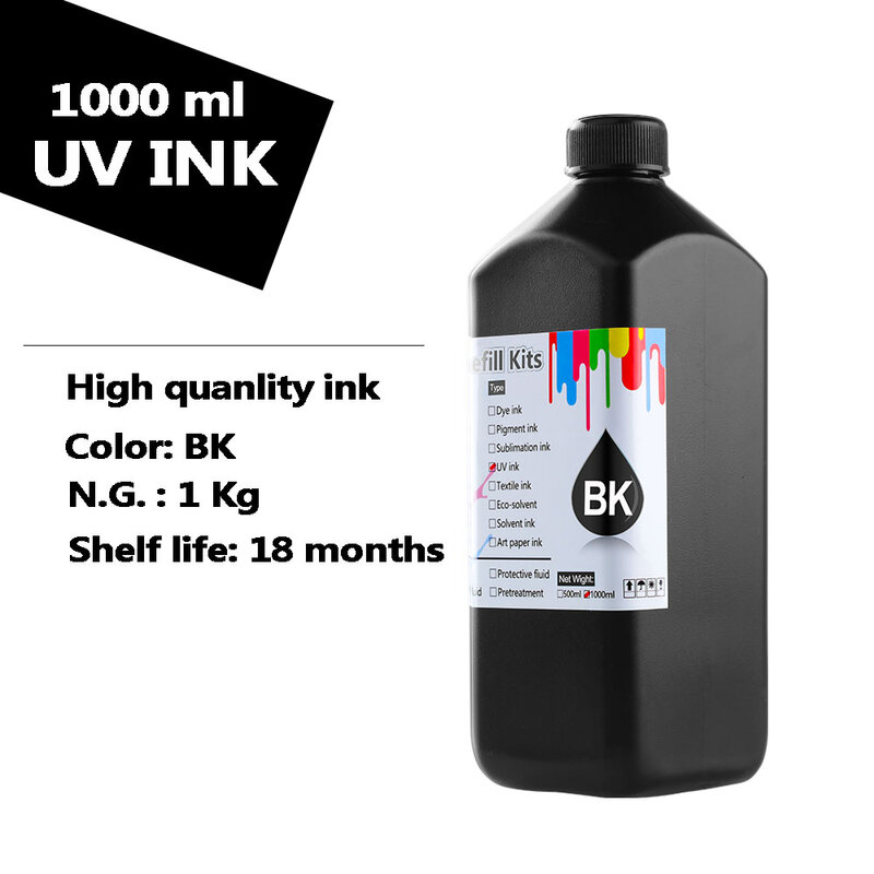 Botella de tinta Led UV para impresora Epson DX5, DX6, DX7, DX9, DX10, XP300, XP600, TX800, WF5110, WF7610, L800, L805, 1000, R280, R290, R1800, 1390 ml