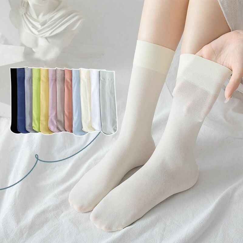 Lolita kaus kaki katun elastis untuk wanita, kaos kaki Calf tipis elastis warna polos musim panas gaya Korea untuk wanita
