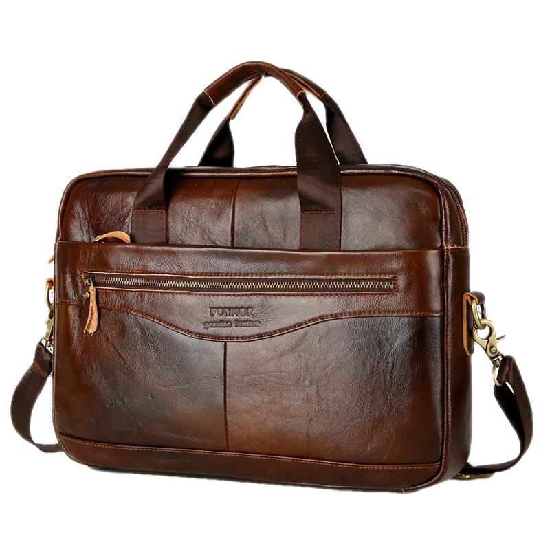 Tas selempang kulit asli untuk pria, tas kurir bahu bisnis Laptop 14 ", tas tangan kapasitas besar kulit sapi mewah untuk pria