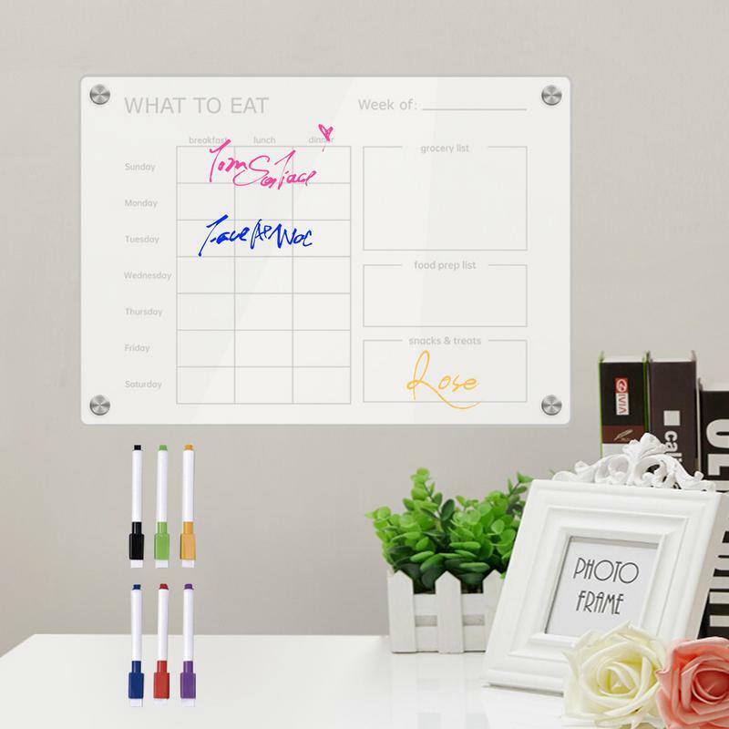 Perencana makanan akrilik bening magnetik papan persiapan kalender dengan 6 pena warna-warni Notepad kulkas dapat dihapus dengan Magnet