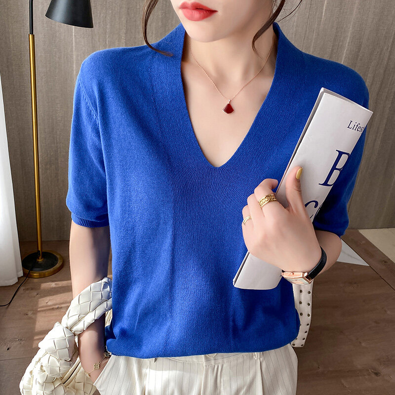 Sweater Wanita 100% Katun Lengan Pendek Musim Panas V-Neck Pullover Longgar Gaya Korea Fashion T-Shirt Tipis Pakaian Luar Setengah Lengan