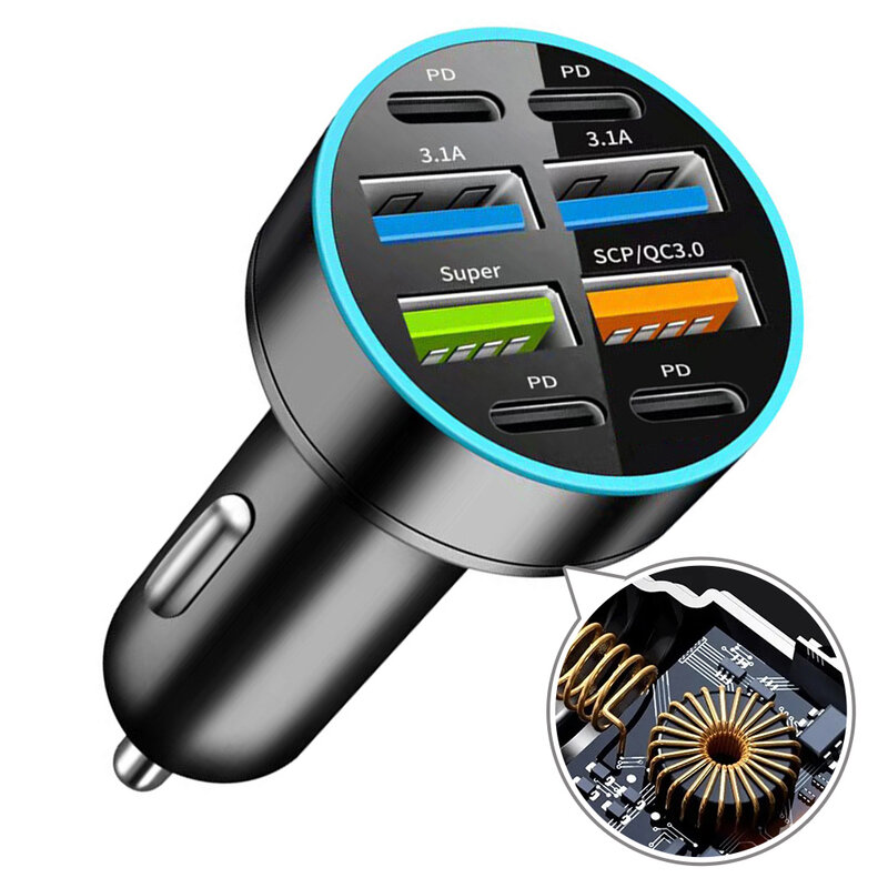 Adaptateur de charge de téléphone portable avec affichage numérique, chargeur de voiture, prise d'alimentation, 4 USB, 4 PD