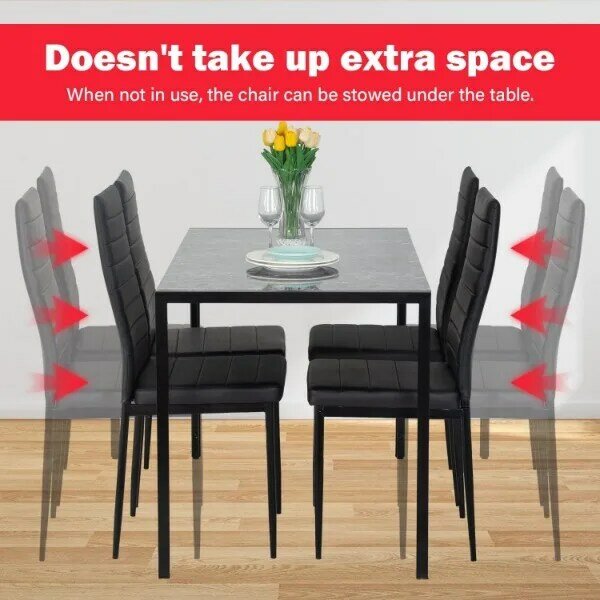 PayEstimations-Ensemble de table à manger et chaises en cuir PU, dessus de table en marbre rectangulaire, moderne, 4 chaises, salle à manger et cuisine