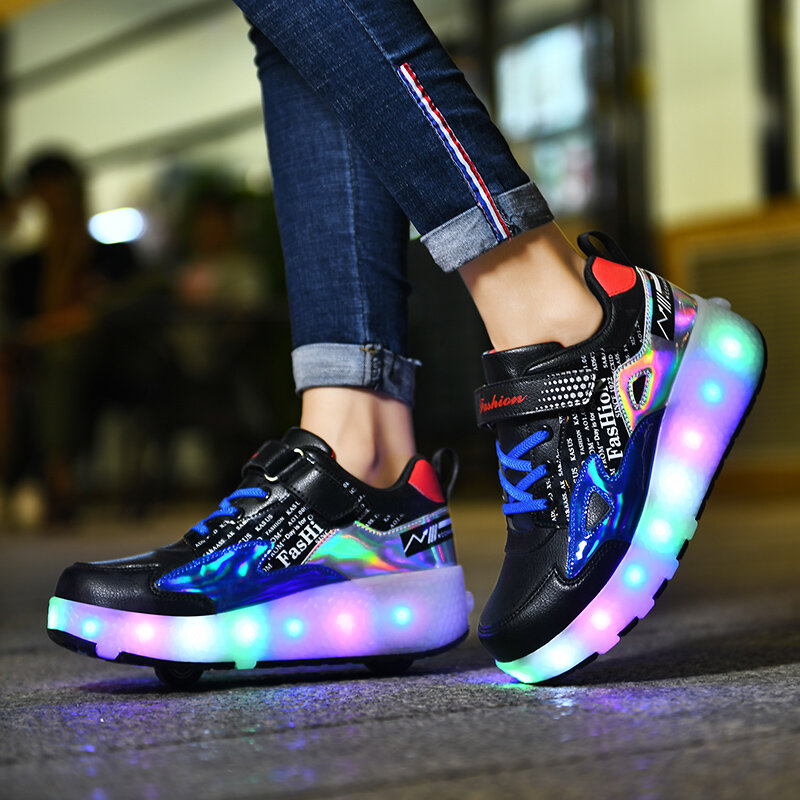 Zapatos de patín de ruedas recargables con luz LED para niños y niñas, zapatillas de deporte informales para correr, deportes al aire libre, regalo de moda, 2 ruedas