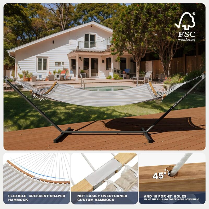 Patio Watcher 12 FT Double Quick Dry Hammock with Curved Bamboo Spreader Bar, Outdoor Patio Two Person Hammock