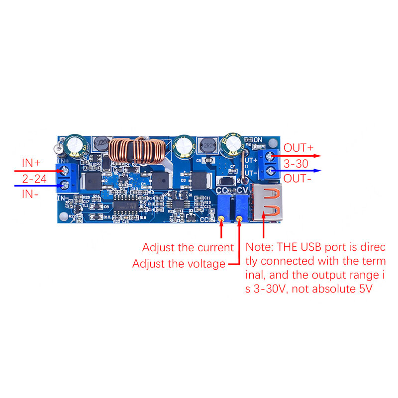 DC-DC Step Up Boost Converter com USB, Fonte de Alimentação Regulada Ajustável, Módulo, 2-24V a 3-30V, 4A, 80W, CC, CV, 3.7V, 6V, 9V, 12V
