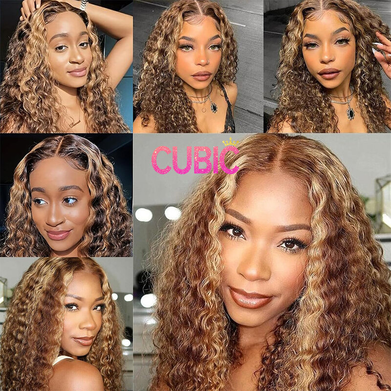 Highlight Omber Human Hair Pre Plucked Pre Cut 4/27 Honey Blonde Lace Front Wigs Short Curly Human Hair Wigs For Black Women