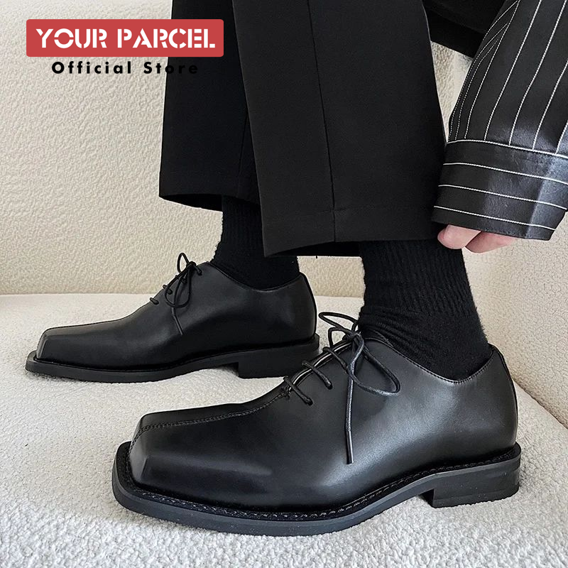 Flat square toe leather shoes for men's trend Korean version British style can be paired with a suit retro Derby shoes