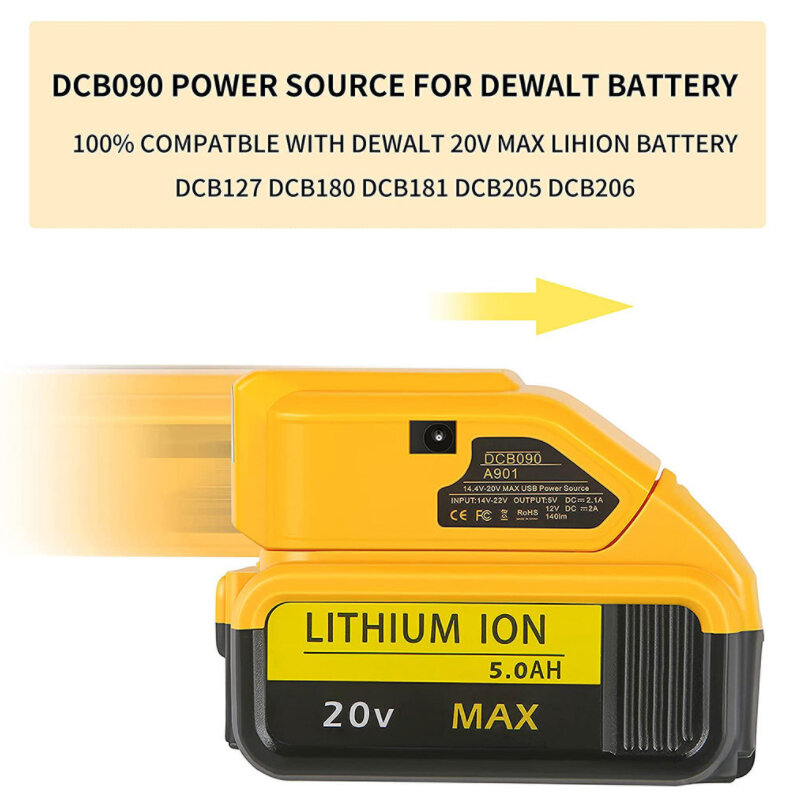 Fonte de alimentação conversor para Dewalt, substituição original, DCB090, 20V Max 18V bateria adaptador com Dual USB, DC 12V, luz de trabalho LED