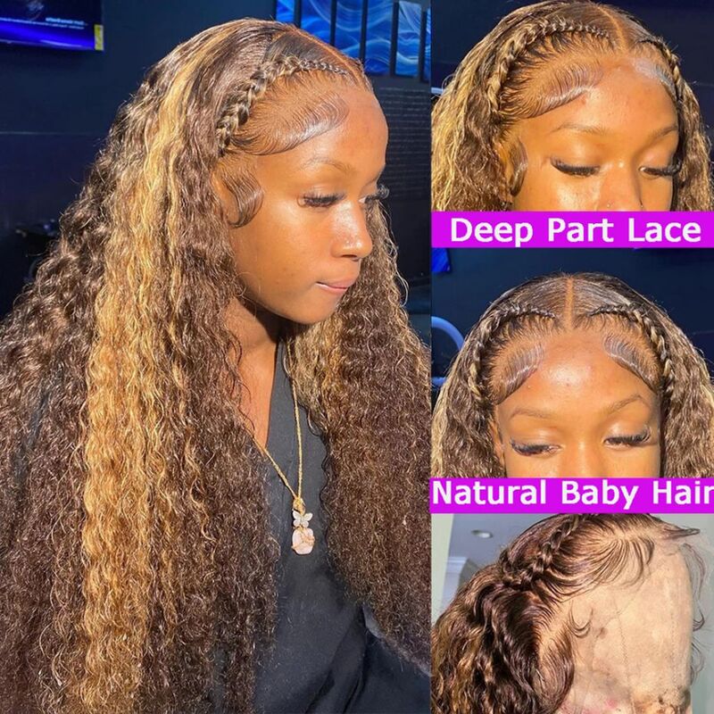 Highlight Ombre 13x4 Lace Frontal Wig Deep Wave Curly Human Hair 4/27 Colored Lace Front Wig For Women Pre Plucked Closure Wig