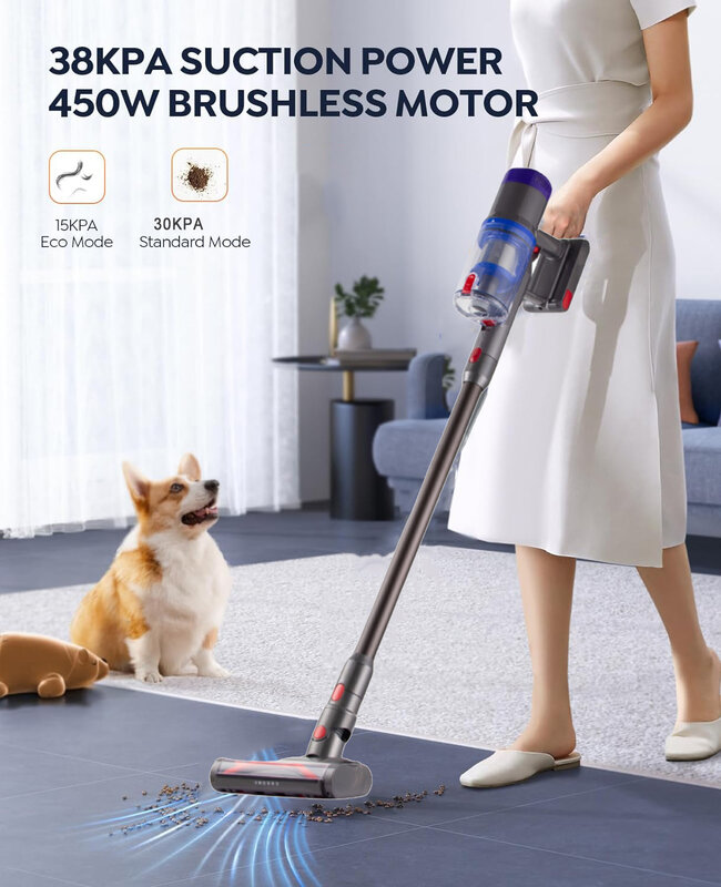 Cordless Vacuum Cleaner 350W/25Kpa Stick Vacuum with Touch Screen 40 Mins Runtime Anti-Tangle Wireless Vacuum Cleaner for Home