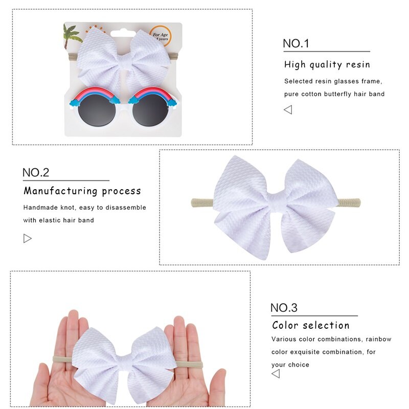 키즈 선글라스 소녀 세트 귀여운 자외선 방지 레인보우 프린트 선글라스 및 보우 헤드 밴드 액세서리, 사진용