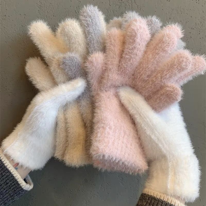 Женские зимние теплые бархатные перчатки из норки, плюшевые перчатки с пятью пальцами, уличные однотонные перчатки, Симпатичные пушистые теплые варежки на запястье