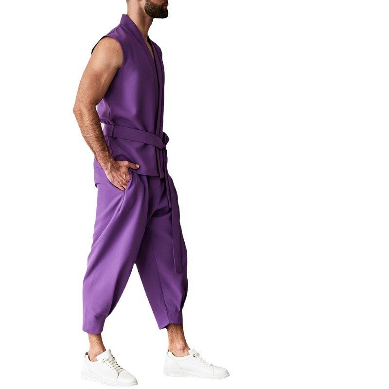 Cardigan à bretelles violet pour hommes, ensembles de rue, pantalons décontractés, mode, ensemble 2 pièces