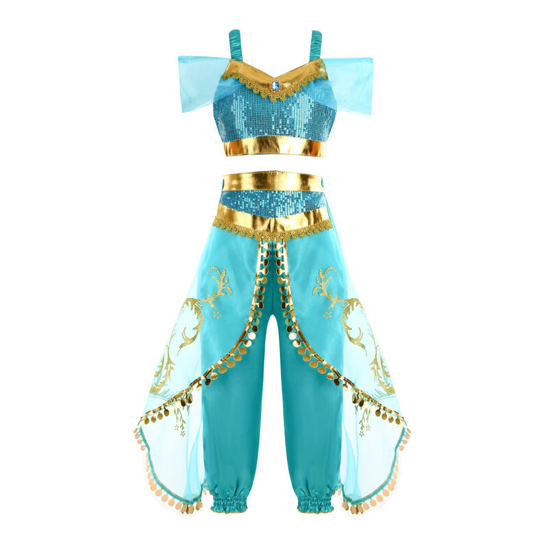 Kostum Cosplay Jasmine anak perempuan, Gaun putri Aladdin lampu ajaib, gaun pesta ulang tahun mewah, pakaian melati anak perempuan