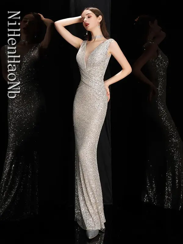 Elegant V Neck Sequin Evening Dress Long 2023 New Women Mermaid Formal Dress Party Gown Bodycon Maxi Prom Dresses