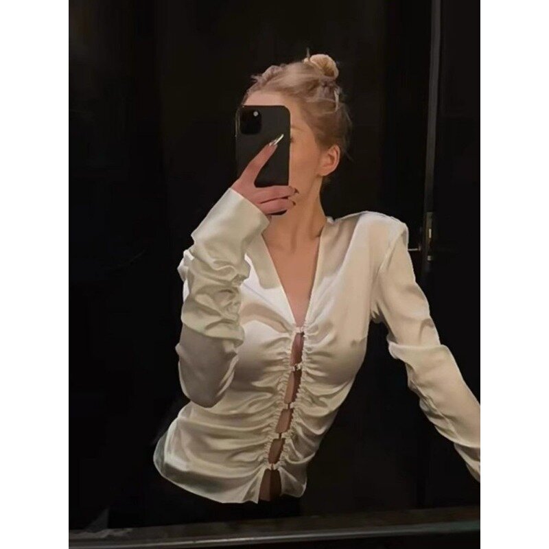QWEEK Satynowa Seksowna Bluzka Kobieta Młodzieżowa Smukła Koszula z Długim Rękawem Kobieta Koreańska Moda Kokietka Kardigan Letnia Estetyczna Odzież Uliczna
