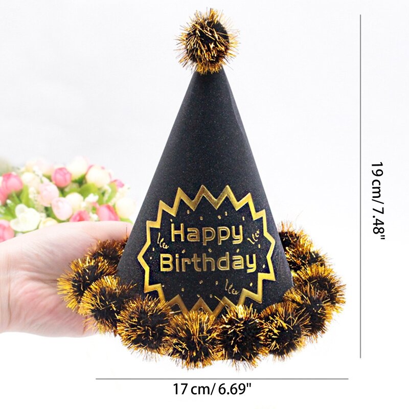 77HD قبعات مخروطية للحفلات الكريات قبعات حفلات عيد ميلاد سعيد مع بوم بومس جميلة
