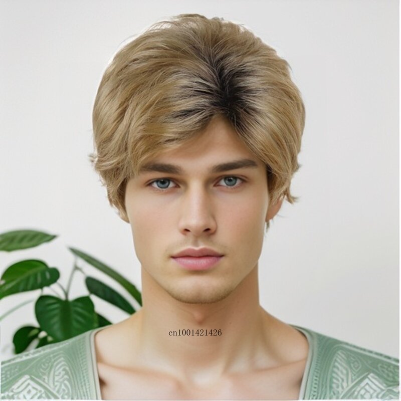 Peluca sintética de pelo corto para hombre, con flequillo postizo, color rubio mezclado con raíces oscuras, estilo de moda, genial