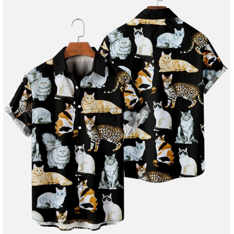 남성용 포켓 셔츠, 3D 반팔 버튼 셔츠, 귀여운 고양이 그림, Y2K 의류, 여름 캐주얼 상의, 남녀공용, 신제품