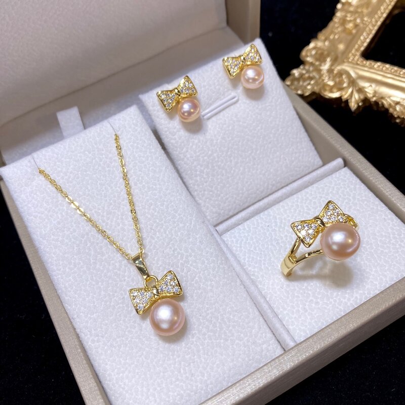 Ensemble de perles d'eau douce rose 6-8mm, pendentif/boucles d'oreilles/anneau en zircon, nœud papillon