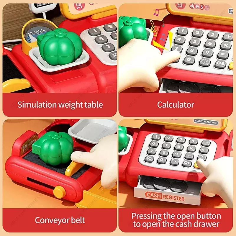 Pretend Play Calculator Cash Register Toy Supermarket Shop Cashier Registers with Scanner Microphone Credit Card Gifts for Kids