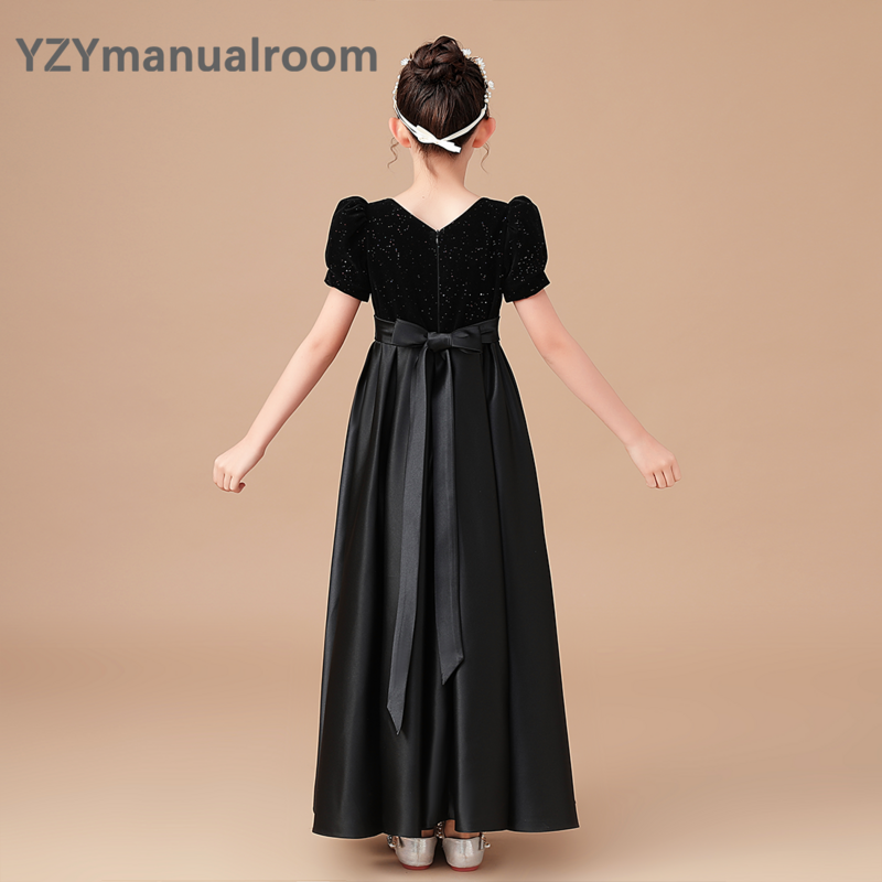Yzyhand-ثوب الأميرة مطوي المخملية للفتيات ، فستان حفلة الساتان ، ثوب المسابقة ، فتاة زهرة طويلة ، أسود ، الراقية ، جونيور ، أنيقة