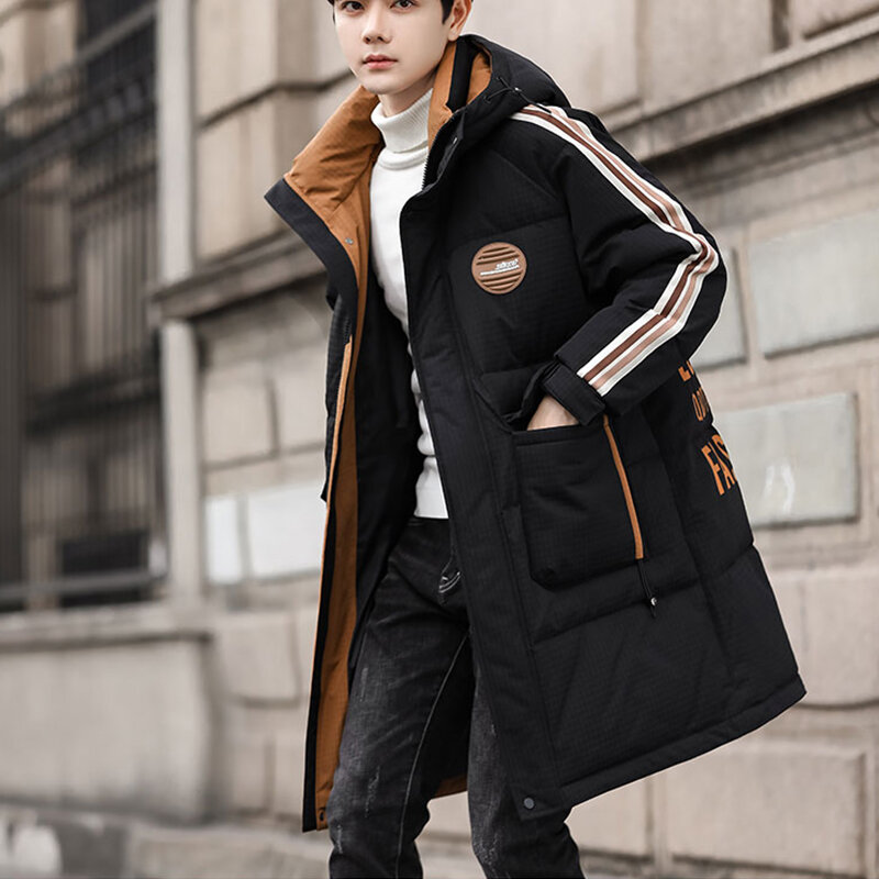 Casual 2024 Winter Men's Warm Mid-Length Hooded White Duck Down Jacket Outdoor Streetwear Loose Long Puffer Coats Thicken Parkas