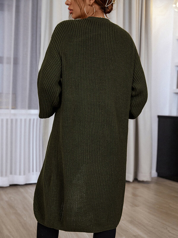 NOOSGOP Solid Dark Green H Shape Knee Length Loose Open Cardigan Sweater Long Lantern Sleeves Winter Minimalism Knit Clothing