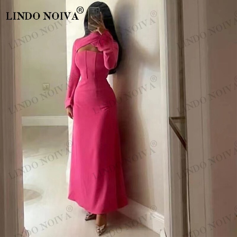 LINDO NOIVA Keyhole High Collar Prom Dresses Special Occasion Women Wear Evening Dress Long Sleeves Zipper Back Formal Gowns