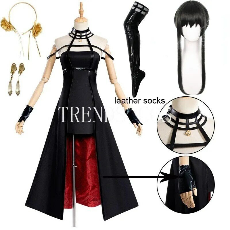 Yor Forger Cosplay costume Headband  Elastic Thigh Stockings Tights Highs Wig Earrings  Yor Forger dress full set for Comic Con