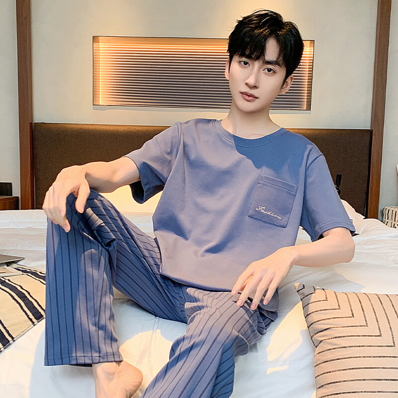 Korean Fashion Nightwear for Men Cotton Sleepwear Summer Breathable Pijamas 2pcs/set Home Clothing Short Sleeping Top Pant